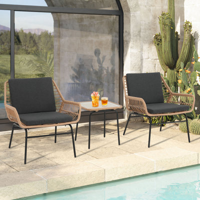 The Patio Rattan Natural Conversation Sets With 2 Accent Chairs & Tempered Glass Side Table(3 PCS)