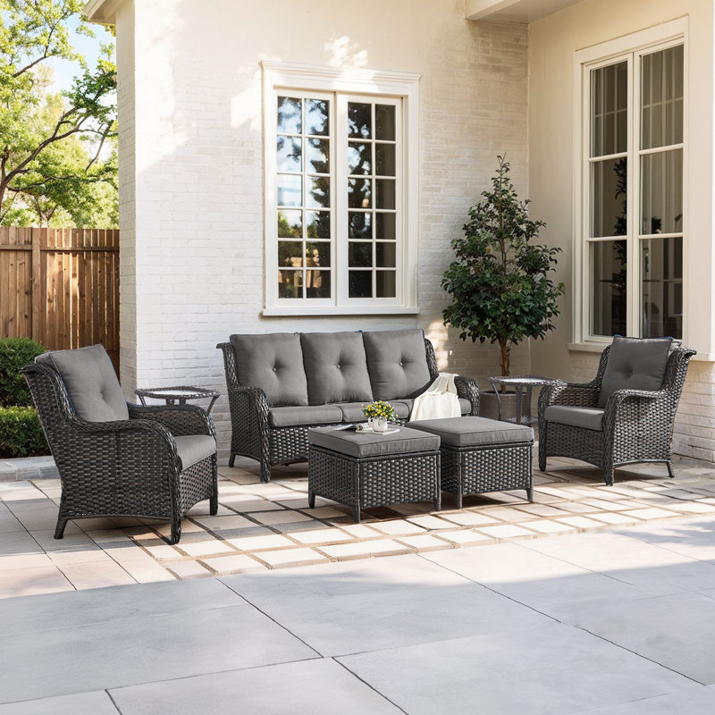 Bonia Wicker 5 - Person Patio Conversation Set with Cushions, Brown Frame/Gray Cushion 