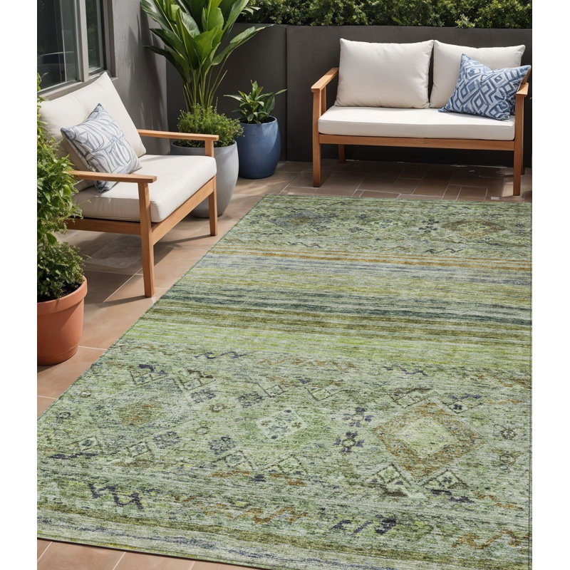 Tapis intérieur / extérieur 5 pi x 8 pi vert floral et noir lavable à l'artichaut
