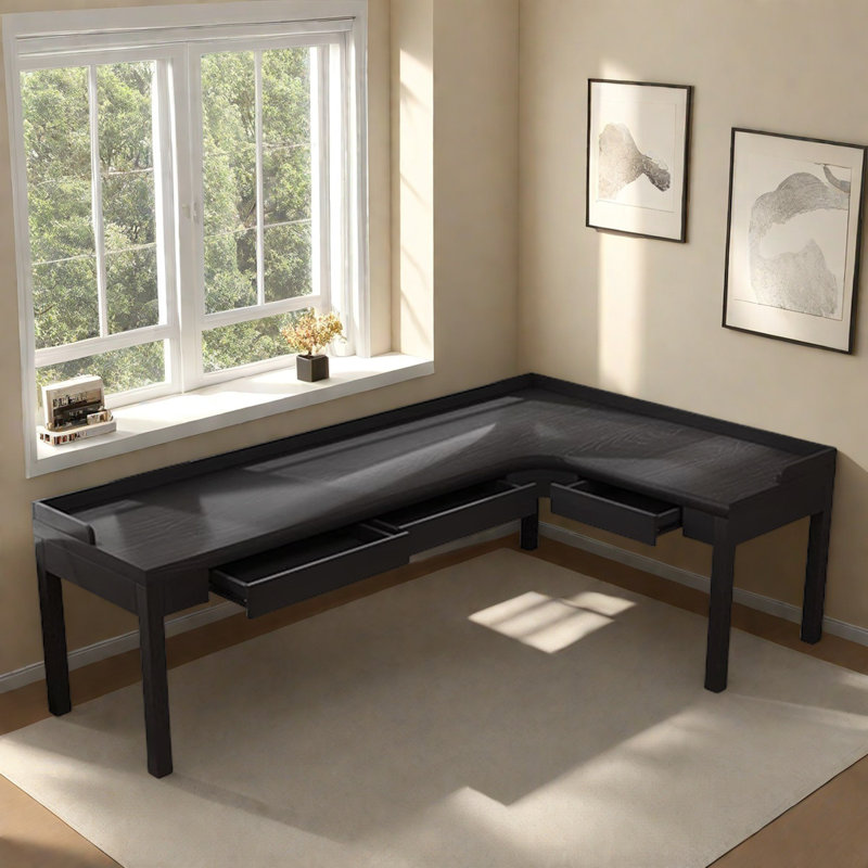 Black Solid Wood L-Shaped Desk with Drawers, 29.53" H x 62.99" W x 47.24" D