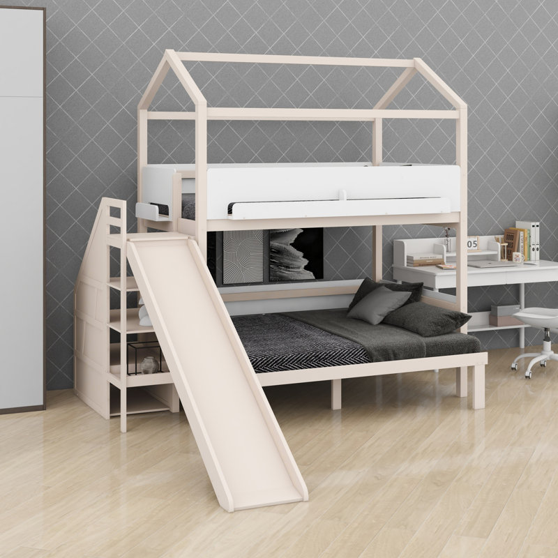 Bunk Bed, House-Shaped with Slide and Storage Staircase, Sturdy Frame, Beige+White