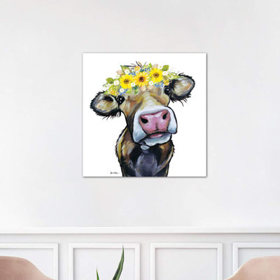 Hazel The Cow With Sunflower Flower Crown - Wrapped Canvas Painting