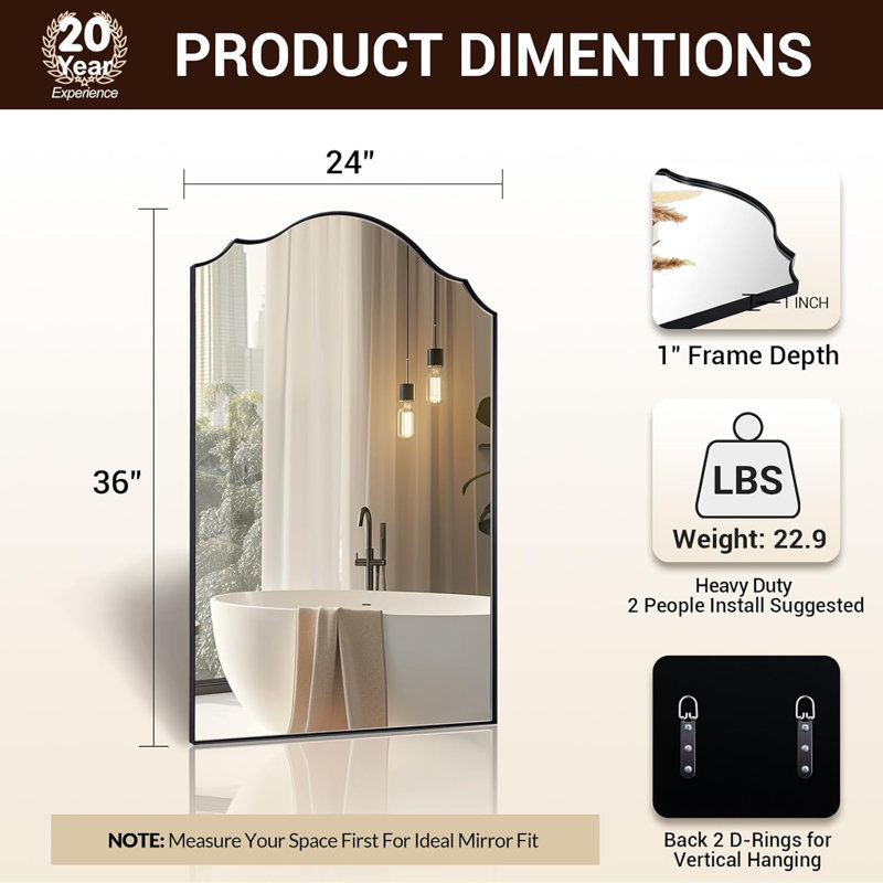 Scalloped Arch Bathroom Vanity Mirror with Curved Top | Stainless Steel Frame, 36" x 24", Matte Black