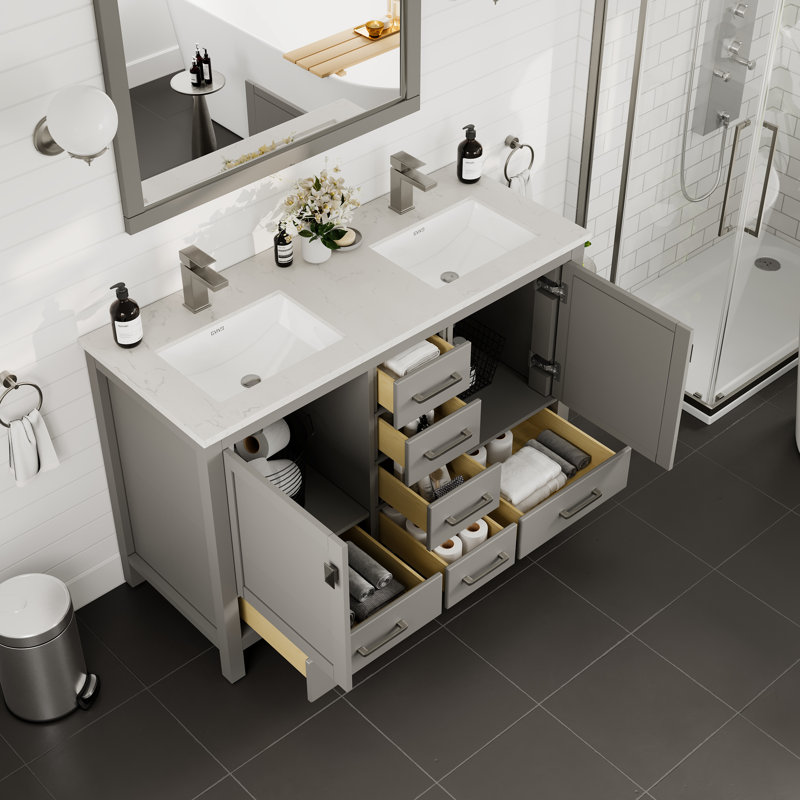Eviva London 48"W X 18"D Double Sink Bathroom Vanity With White Carrara Quartz Countertop And Undermount Porcelain Sinks