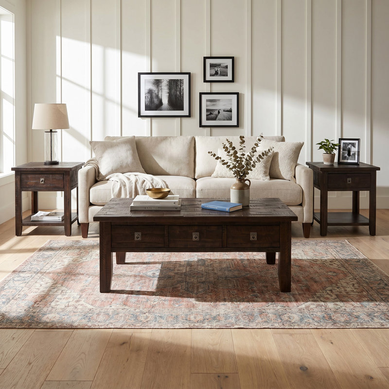 Table basse avec rangement en bois massif à 4 pieds Mariama