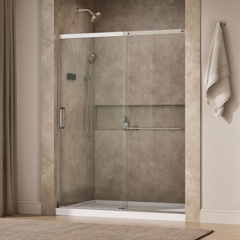Elate Tall Sliding Shower Door, 75-1/2-In H X 62-1/4 - 65-5/8-In W, With Heavy 5/16-In Thick Crystal Clear Glass, Nickel
