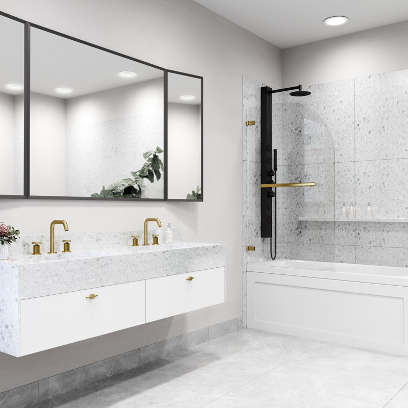 Porte de baignoire sans cadre à charnières l 34 po x H 57,38 po Orion, Matte Gold