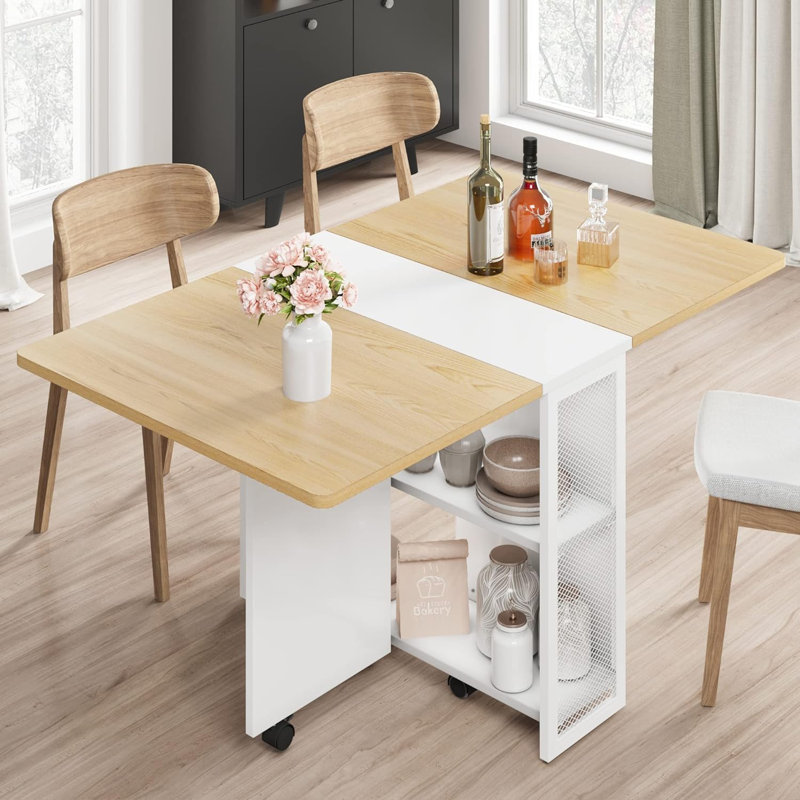 Folding Dining Table, Drop Leaf Dining Table With 6 Wheels And 2-Layer Storage Shelf, Space Saving Dining Table For Small Spaces (Natural Wood, 50.1" D X 31.4" W X 29.5" H)
