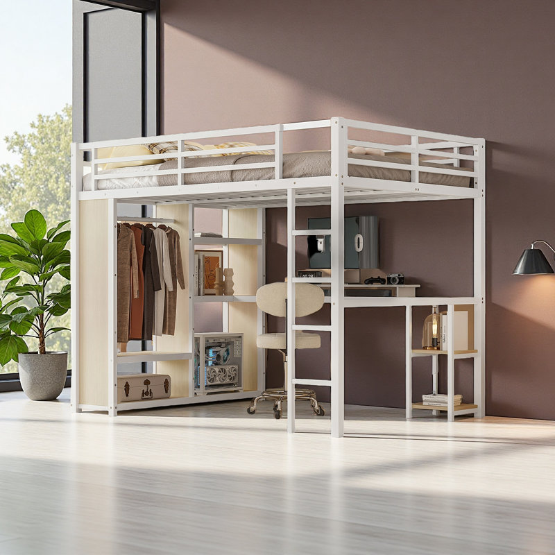 Structure de lit mezzanine grand format avec garde-robe intégrée, lit mezzanine en métal avec bureau et tablettes de rangement