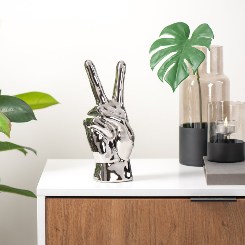 Peace Sign Hand Gesture Statue, 10" H x 4" W x 3.5" D, Silver