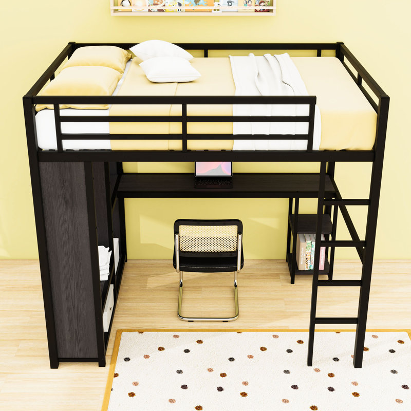 Metal Loft Bed with Wardrobe and Desk,Shelves, Black, Full