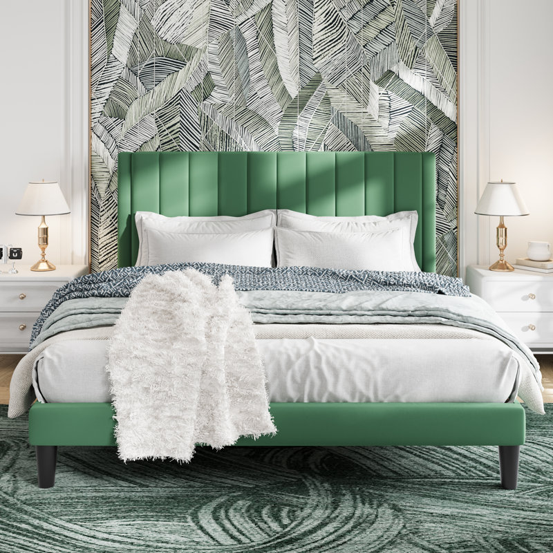 Lit plateforme tapissier en velours avec tête de lit Modern, Très grand, Vert