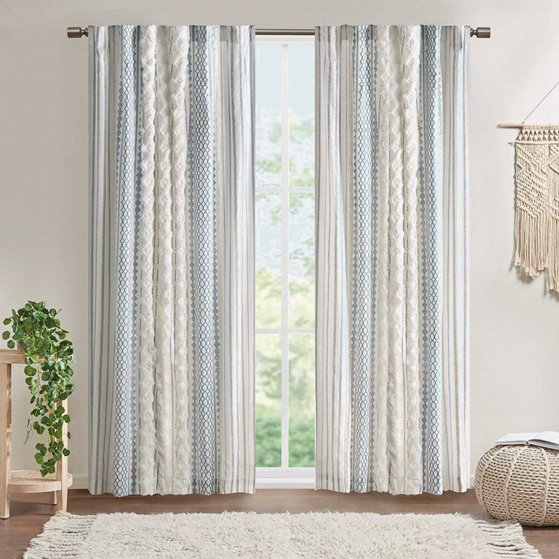 Mamie 50" Cotton Printed Curtain Panel With Chenille Stripe And Lining, Blue, 50" W x 108" L