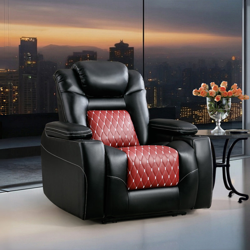Meagann 37.4'' Wide Modern and Overstuffed Breathable Leather Dual Motor Power Recliner with Adjustable Headrest and Cup Holder