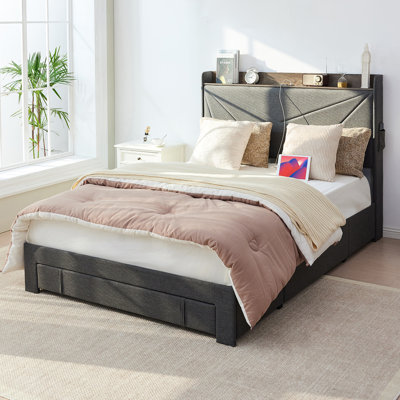 Lit double Platform Lit plateforme confortable avec tiroirs de rangement - Un mélange de confort, de fonctionnalité et de design chic, aucun sommier nécessaire, assemblage facile （Gris）