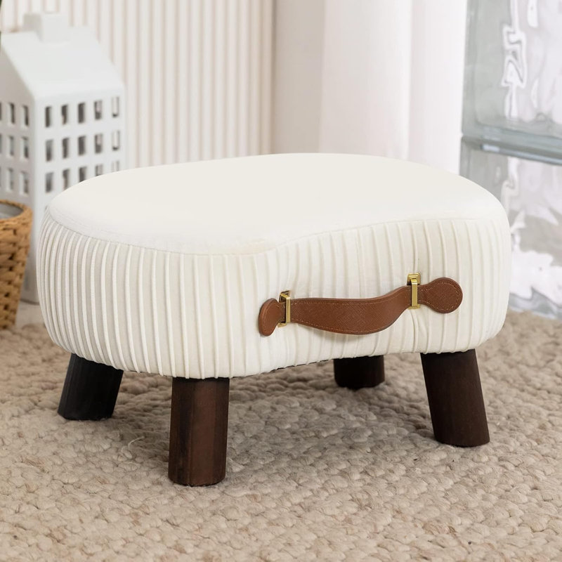 Small Curved Foot Stool with Handle, Beige Velvet Footstool and Ottomans