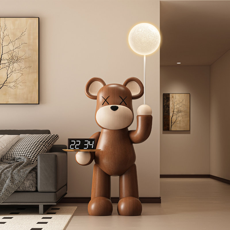 Sculpture moderne d'ours en résine de luxe avec lampe de lune à DEL et tirelire