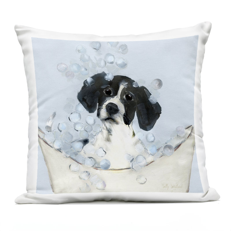 Coussin d'extérieur imprimé chiot noir et blanc par Sally Swatland