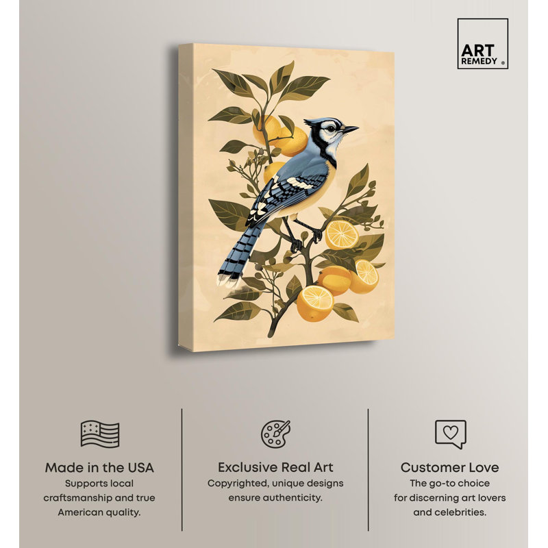 Bluejay on Lemon Tree Canvas Retro Japanese Art Print