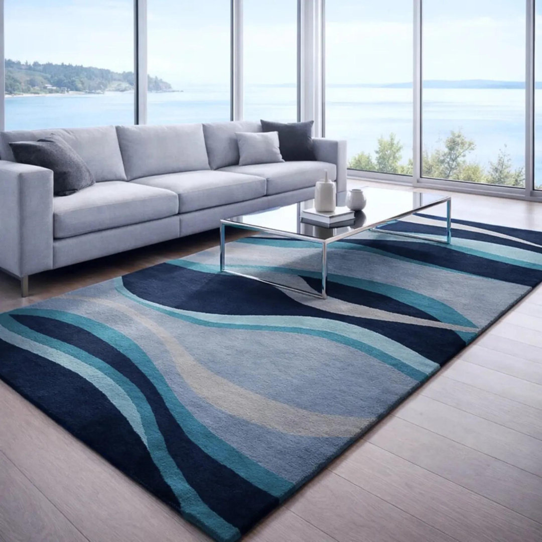 Ailey Authentic Hand-Tufted Handmade Blue, Navy, Gray & Silver Abstract Wave Wool Area Rug Lark Manor™ Rug 