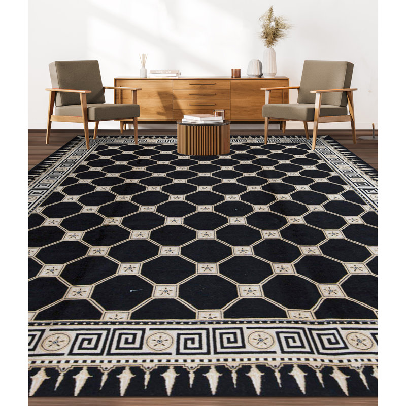 Hand-Knotted High-Quality Black and Beige Area Rug