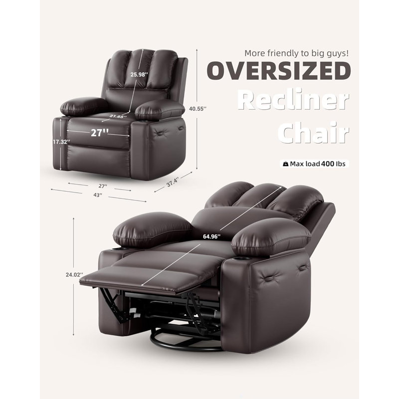Leather Recliner Chair with 2 Cup Holders and Side Pocket, Coffee