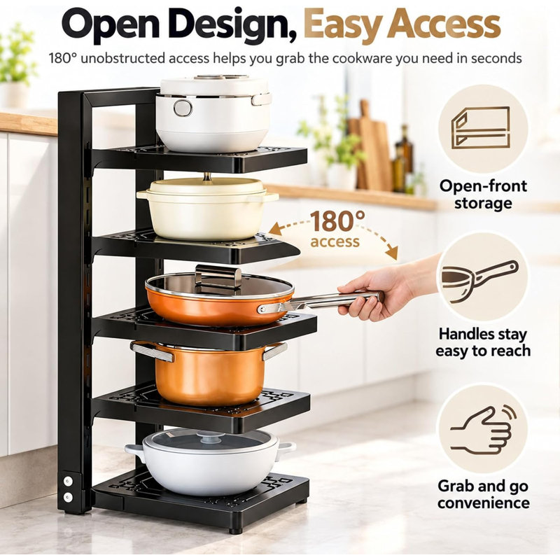 Pots and Pans Organizer,5-Tier Adjustable Kitchen Countertops Rack
