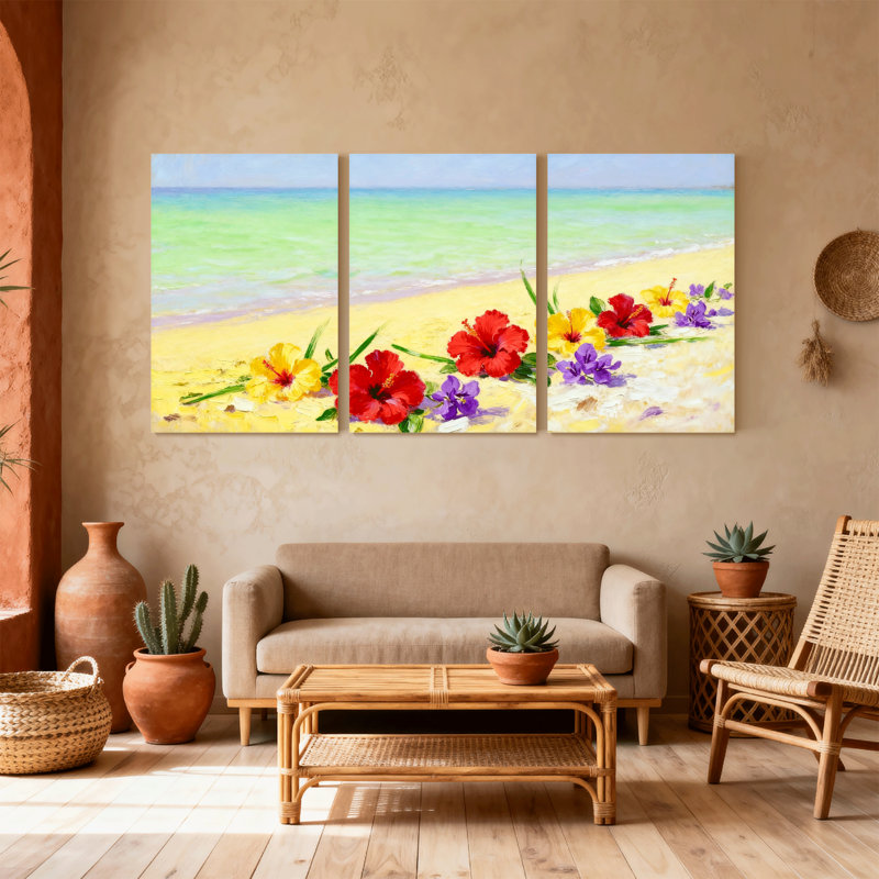 Plage, plage, fleurs, océan, ciel, sable, couleurs vibrantes, scène tropicale, ensemble de 3 impressions sur toile