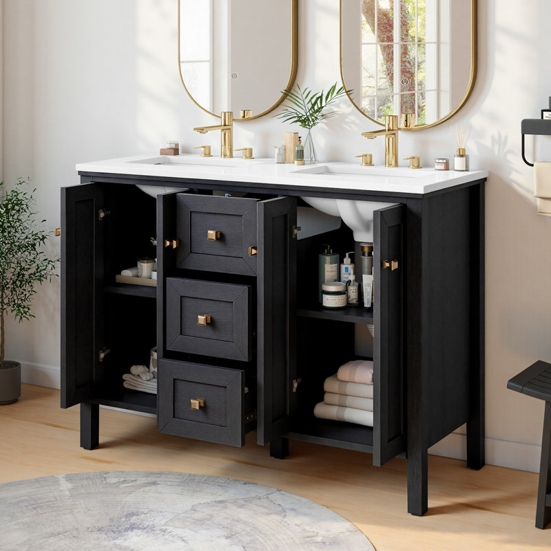 Balconera 47" Double Sink Bathroom Vanity With Engineered Stone Top, Ceramic Sink, Black