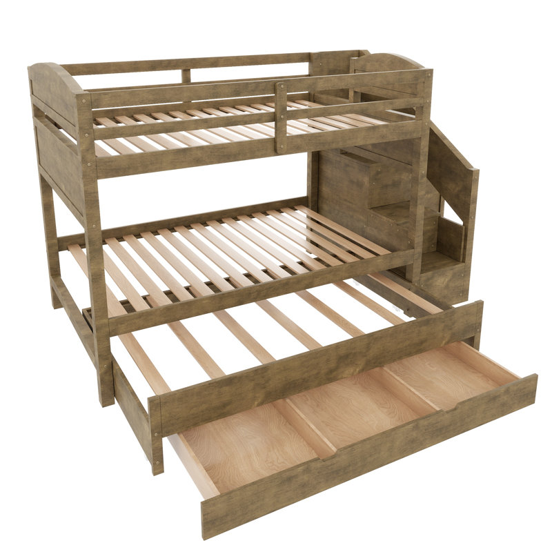 Lit simple superposé simple avec lit gigogne, 3 tiroirs de rangement, escalier de rangement et garde-robe, lit peu encombrant en bois de pin, noyer