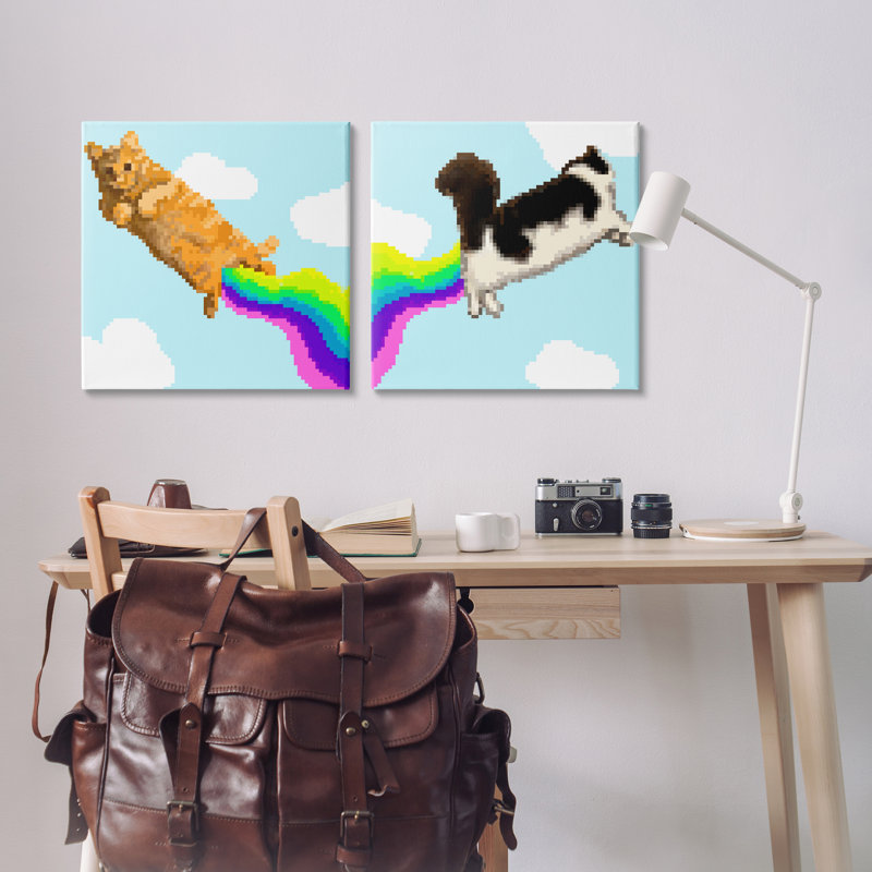 Pixel Cats with Rainbows 2 PC, ensemble d'art mural sur toile par June Erica Vess, H 24 po x l 24 po