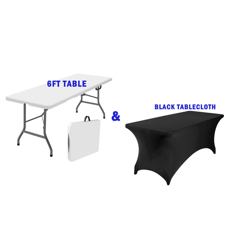 6ft Foldable Table + Black Table Cloth Set, Lightweight Utility Table For Events, Bbqs, Craft Shows, And More
