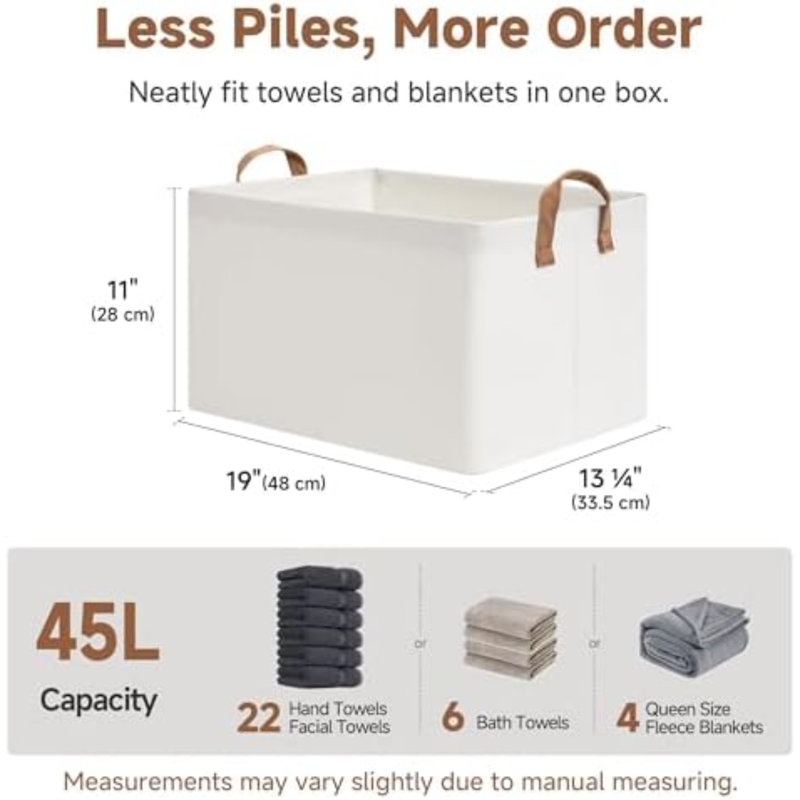 Très grand bac de rangement en tissu 45 po avec poignées en polyuréthane, paniers de rangement pour l'organisation, grand panier à linge, paquet de 2, beige, L 19 po x l 13,25 po x H 11 po