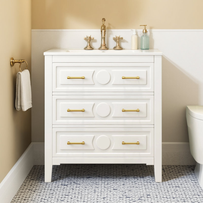 Ensemble de meuble-lavabo simple autoportant blanc de 30 pouces avec lavabo en porcelaine et armoire de salle de bain en bois massif avec 3 tiroirs pratiques et élégants.