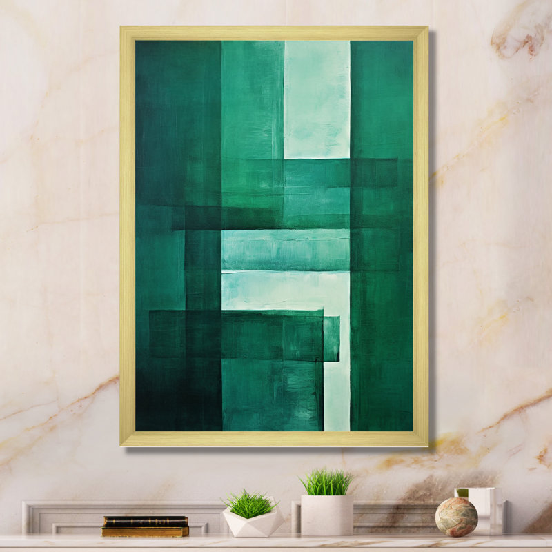 «Green Cubic Line», art déco sur toile, Cadre doré simple, H 20 po x l 12 po x P 1 po