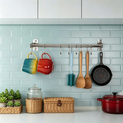 Double Bar Wall Mounted Pot Rack, Chromed with 8 Hooks for Pans and Kitchen Utensils
