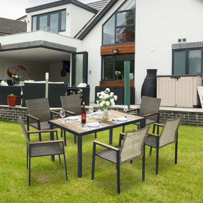 All Weather Patio Dining Table Sets with Umbrella Hole, Ideal for Outdoor Conversations and Gatherings, Featuring Rattan and Acacia Wood.