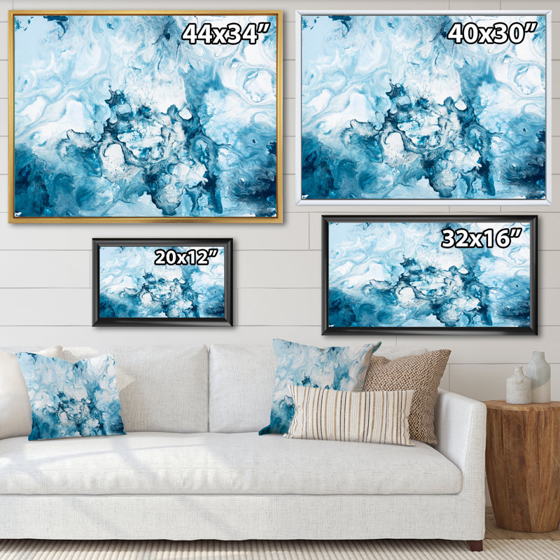 «Blue and White», peinture sur toile, Cadre flottant doré, H 16 po x l 32 po