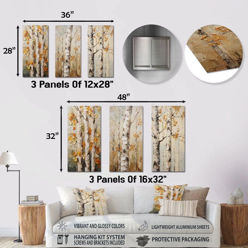 Beige Tree American Basswood II - Tree Metal Prints Set Of 3, 28" H x 36" W