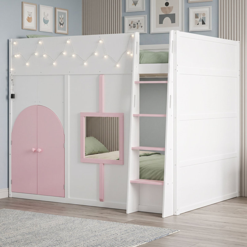 Lit superposé avec portes doubles, fenêtre et bande lumineuse, Blanc