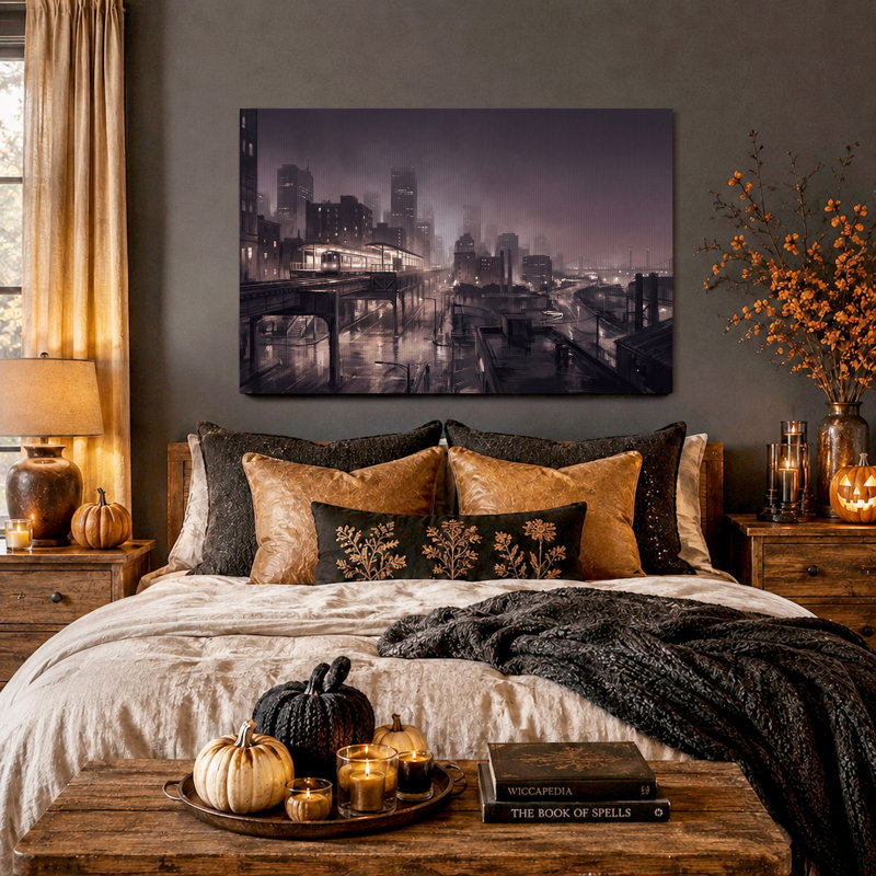 Tableau sur toile d'Halloween représentant un paysage urbain futuriste avec un train surélevé, H 28 po x l 40 po
