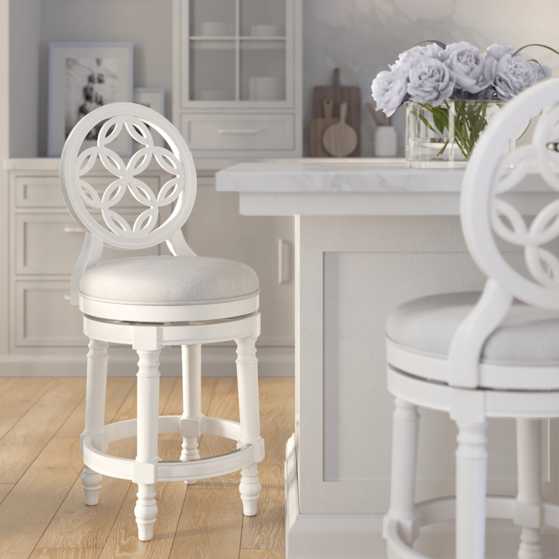 Tabouret de bar rond en bois pivotant à hauteur de comptoir de 26 po en blanc, haut dossier, retour automatique à 180 degrés, rembourré sur une structure solide, pieds tournés avec, anneau en métal de repose-pieds, tabouret de poids de 48,91 lb,