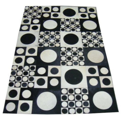Tapis rectangulaire en cuir à pois fait à la main 4 pi x 6 pi noir / blanc / bleu marine