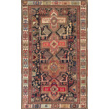 Wool Allover Geometric Hand Knotted Pile Antique Blue Caucasian 1900s Rug