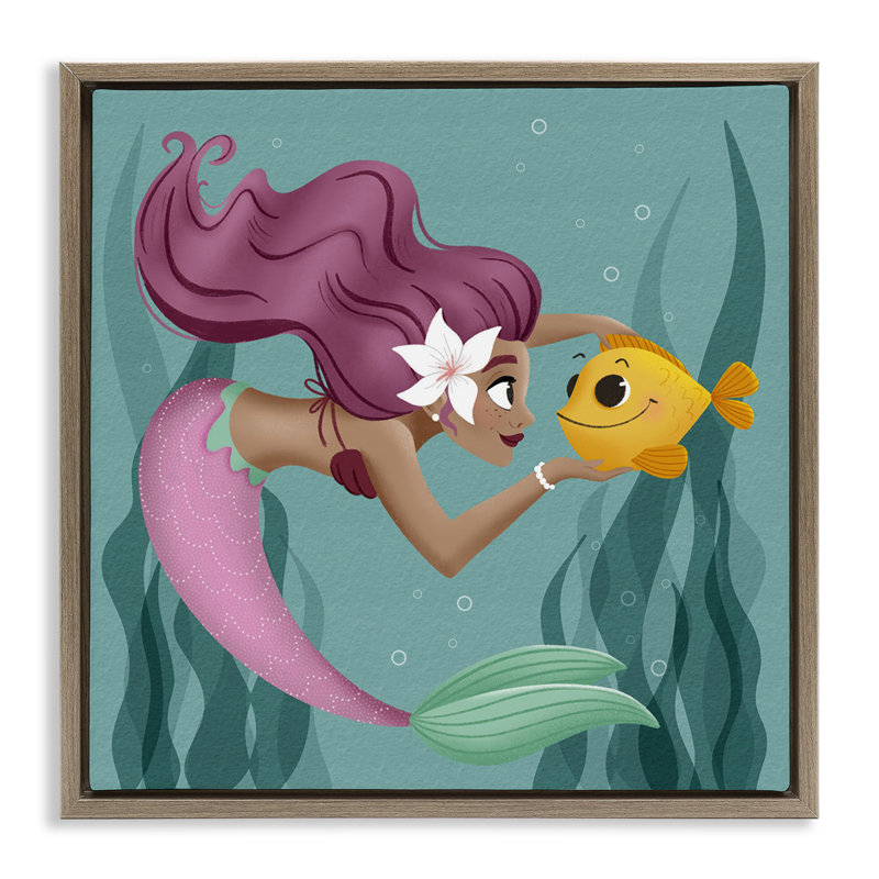 Cadre flottant Mermaid & Fish Friends, design par Sarah Hickman, H 25 po x l 25 po, Cadre flottant orme Montalcino