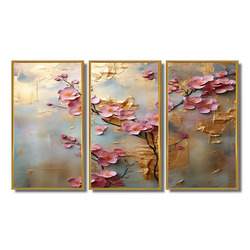 Orchidées roses sur or rétro - ensemble de décoration murale orchidée, Cadre flottant doré, H 28 po x l 36 po x P 1 po