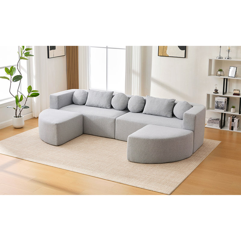 Canapé modulaire de 114,9 po de style désossé avec disposition personnalisable, modules aux extrémités courbées et sièges profonds en combinaison de gris, ressorts de soutien pour le salon