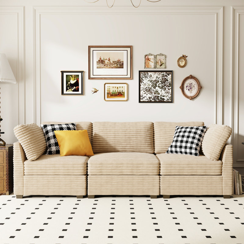 98'' Modular Sectional Sofa With Plush Corduroy, 3-seater Cloud Couch For Living Room, Apartment, And Bedroom