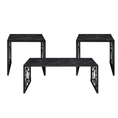 Contemporary 3 Occasional Table : Marble-Printed Tempered Fluted Glass & Metal Support Elegant Legs