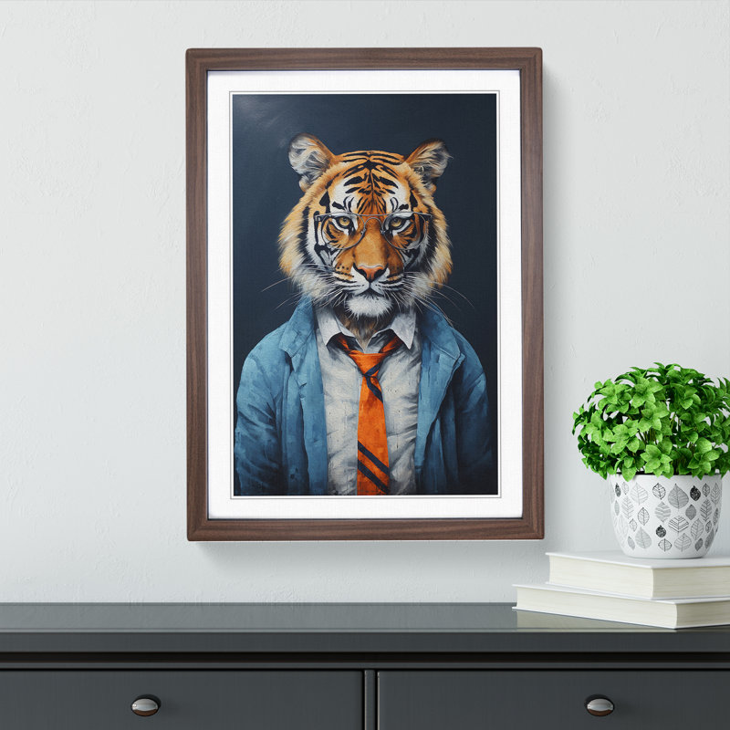 XYZ-FRM-V1223-1641 Tiger With Glasses Painting No.3 - Single Picture Frame Print on Wood, 64cm H x 46cm W x 2cm D, Walnut 